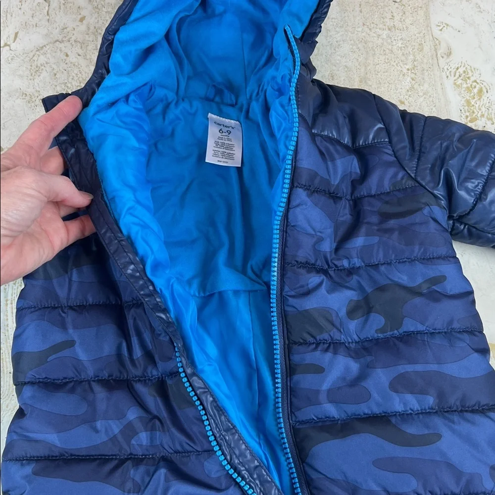 Carter’s baby snowsuit blue camo zip up size 6-9 months fold over hands / feet